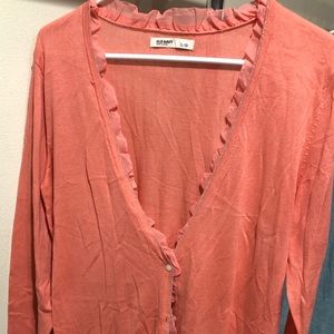 Boyfriend cardigan. Sheer trim dresses it up.